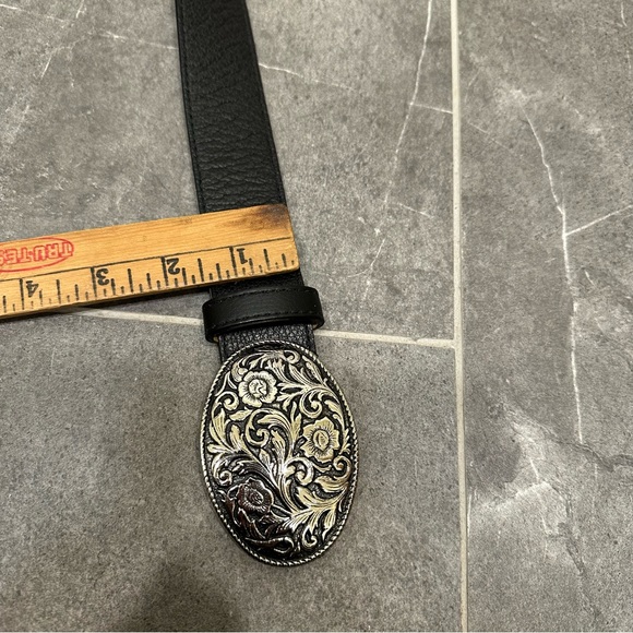 Black western belt silver tooled round oval buckle cowboy cowgirl leather elite - Picture 4 of 11